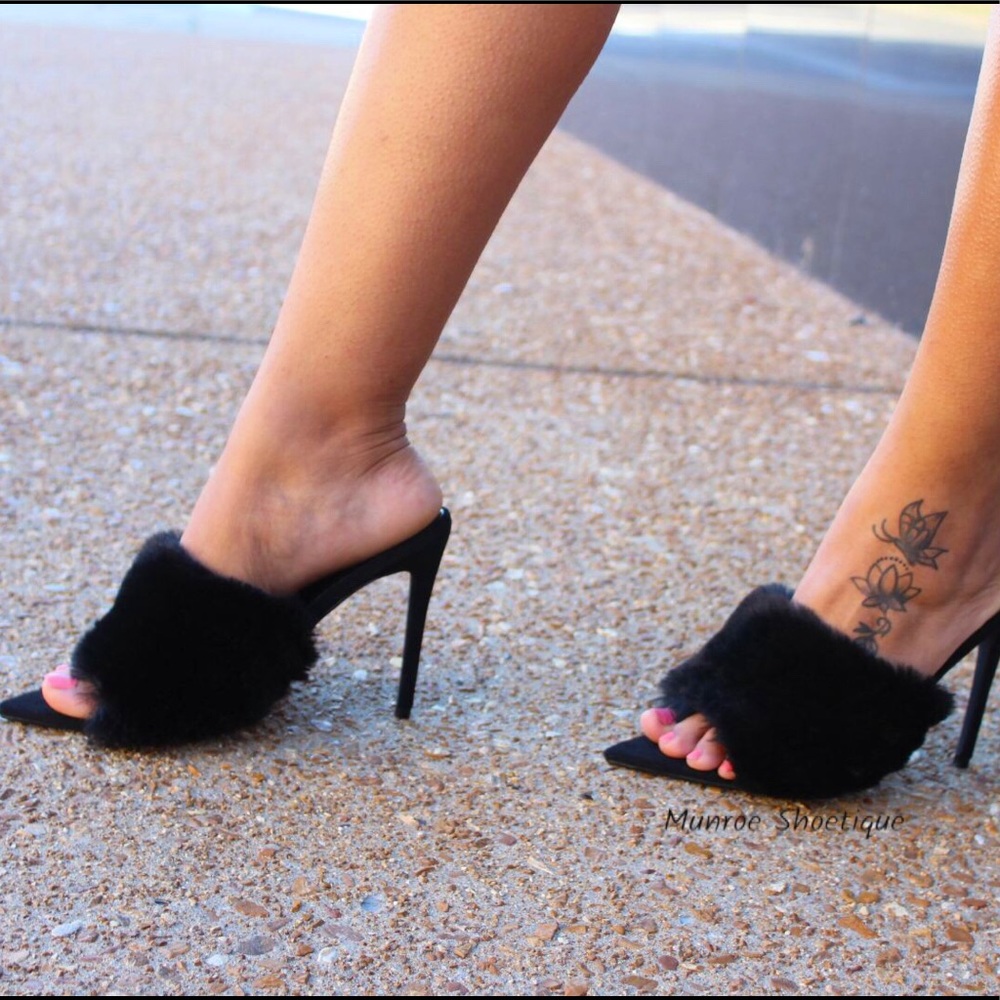 Black Faux Fur Mule Heels
